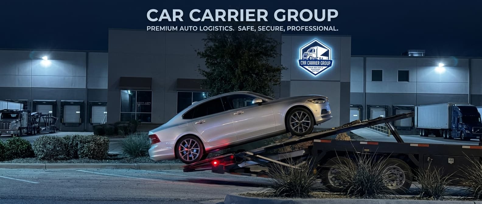 Image description: A silver Volvo S90 sedan loaded on a transport trailer at night. Header text reads "CAR CARRIER GROUP - PREMIUM AUTO LOGISTICS. SAFE, SECURE, PROFESSIONAL." The central logo reads "CAR CARRIER GROUP - YOUR RELIABLE SHIPPING PARTNER."