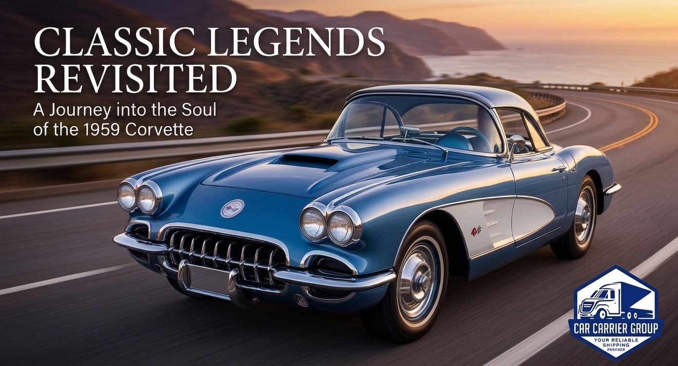 Content of the embedded image: A photograph of a classic blue 1959 Chevrolet Corvette C1 convertible. The car is in motion on a coastal road at sunset. Hills and the ocean are visible in the background, out of focus. The car is the primary focus, shown from the front-quarter perspective.